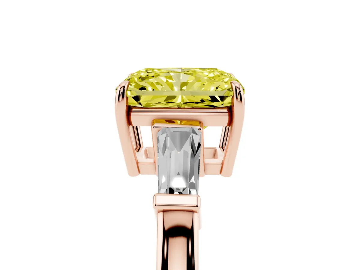 Fancy Yellow Radiant Cut Diamond Three-Stone Ring with Tapered Baguette Side Stones and Prong Setting Rose gold