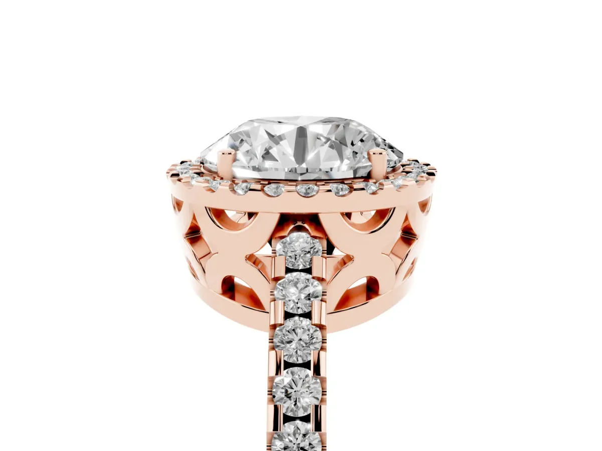Round Cut Diamond Halo Engagement Ring with Pavé Band and Prong Setting Rose gold