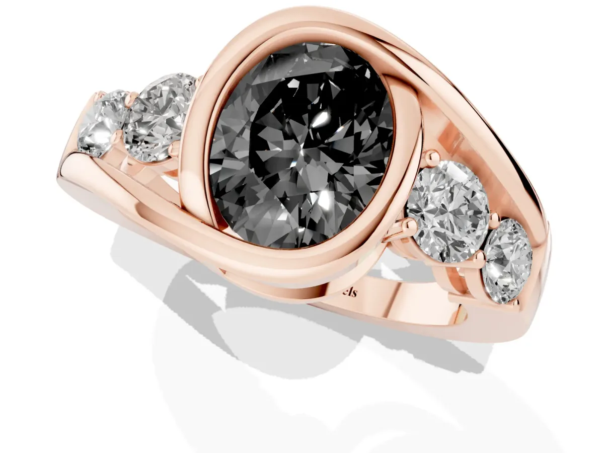 Fancy Black Bezel Set Oval Cut Diamond Bypass Ring with Round Accents Rose gold