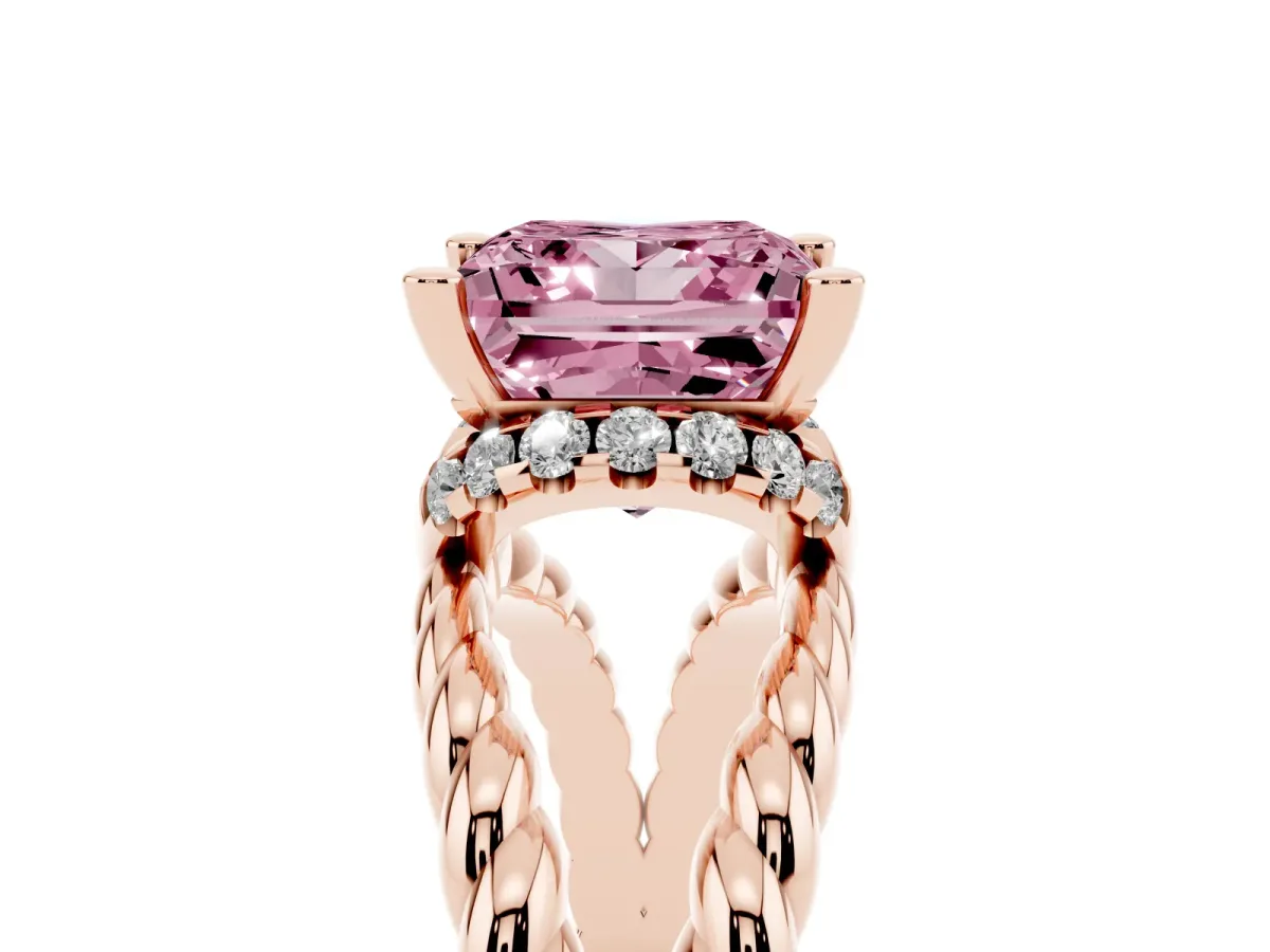 Fancy Pink Princess Cut Halo Twisted Band Four-Prong Ring Rose gold