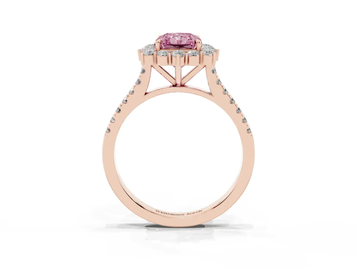 Fancy Pink Radiant Cut Halo Diamond Ring with Pavé Band and Prong Setting Rose gold