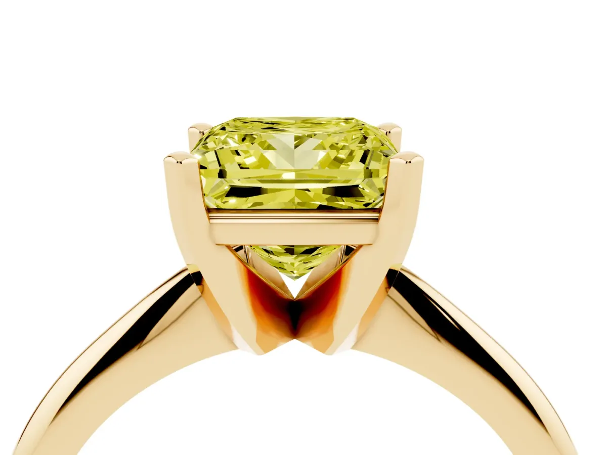 Fancy Yellow Princess Cut Cut Solitaire Ring with Four-Prong Setting on a Classic Band Yellow gold