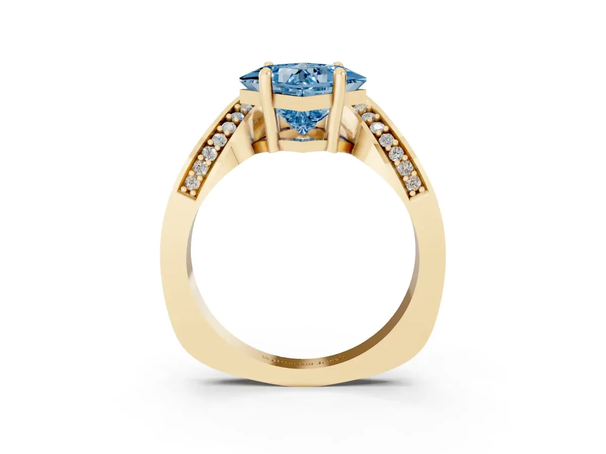 Fancy Blue Princess Cut Solitaire Diamond Engagement Ring with Pave Band and Four-Prong Setting Yellow gold