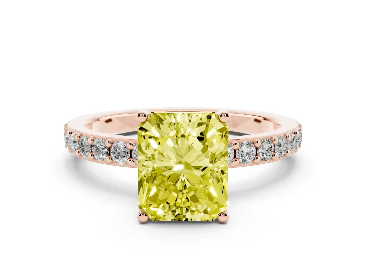Fancy Yellow Radiant Cut Cut Diamond Solitaire with Pave Band and Four-Prong Setting Rose gold