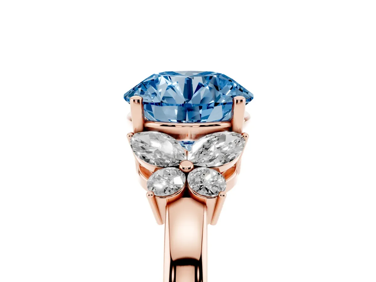 Fancy Blue Round Cut Cut Solitaire Floral Diamond Ring with Four-Prong Setting Rose gold