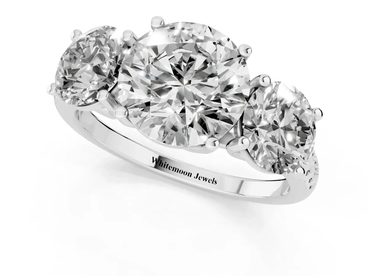 Three-Stone Round Cut Diamond Ring with Round Pavé Band and Prong Setting Silver