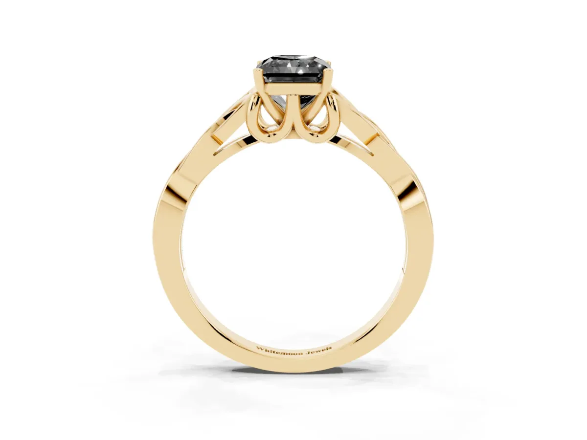 Fancy Black Radiant Cut Diamond Solitaire Engagement Ring with Celtic Knot Band and Four-Prong Setting Yellow gold