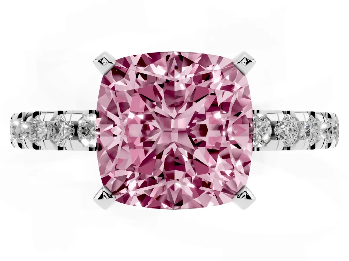 Fancy Pink Cushion Cut Diamond Solitaire Ring with Round Pavé Band and Four-Prong Setting Platinum
