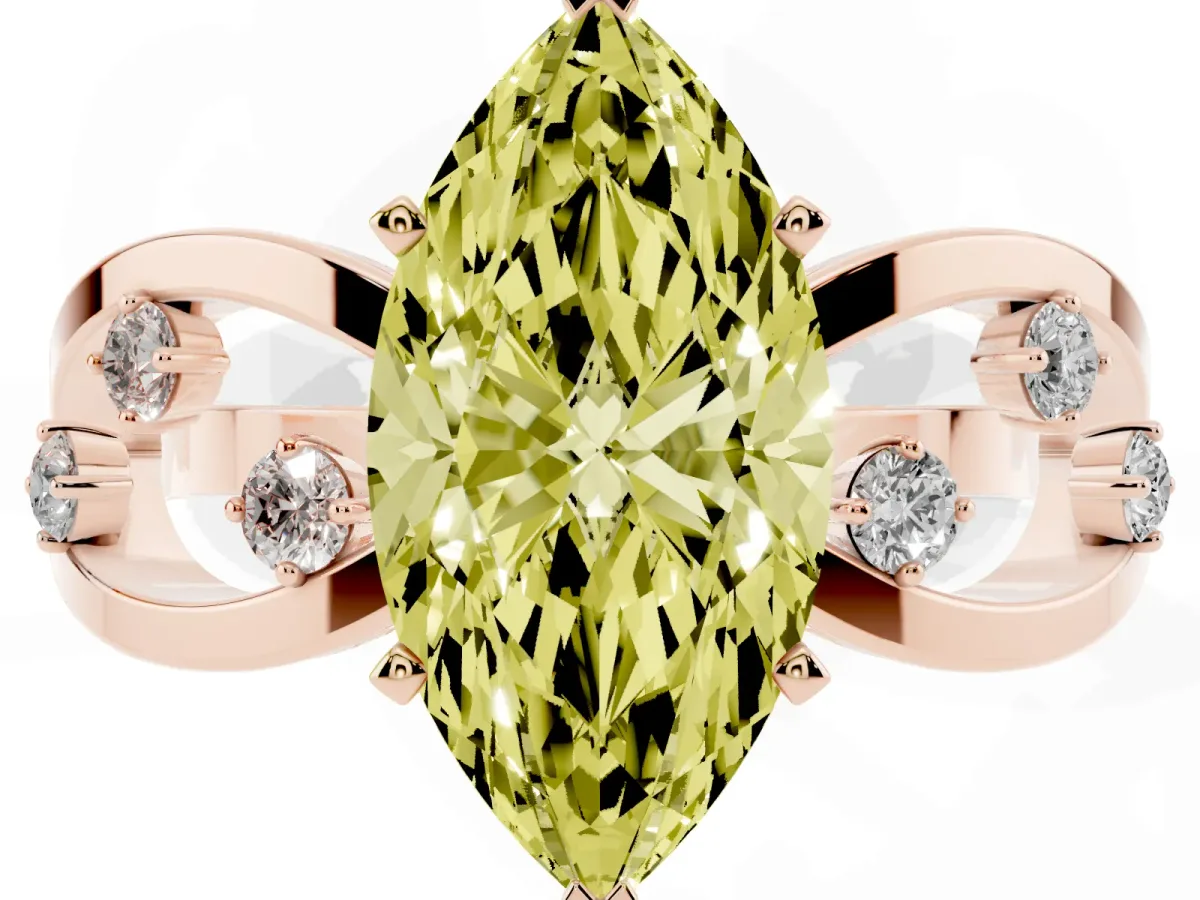 Fancy Yellow Marquise Cut Cut Solitaire Diamond with Side Stones on Criss-Cross Band and Four-Prong Setting Rose gold