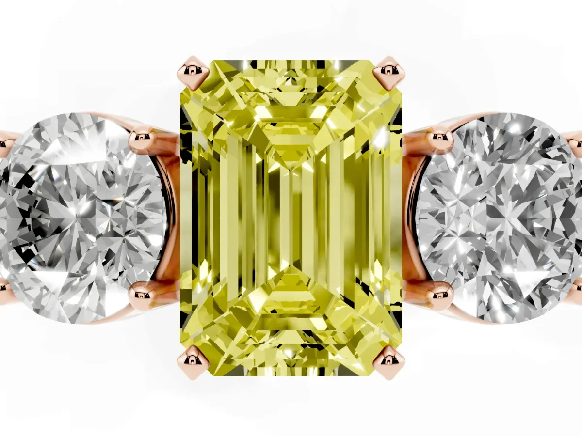 Fancy Yellow Three-Stone Emerald Cut Diamond Ring with Round Side Stones, Classic Band, and Four-Prong Setting Rose gold