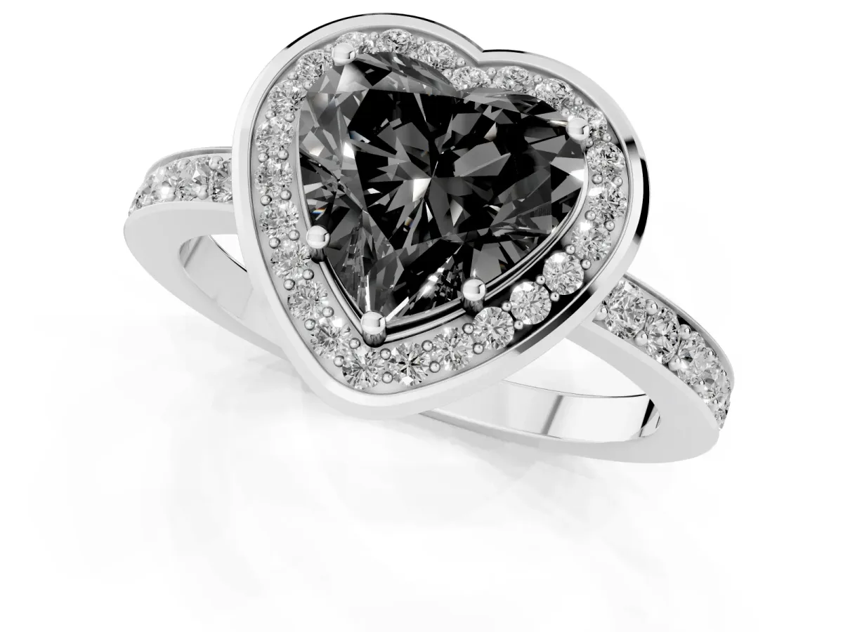 Fancy Black Heart Cut Diamond Halo Ring with Bezel Frame and Pavé Band Silver