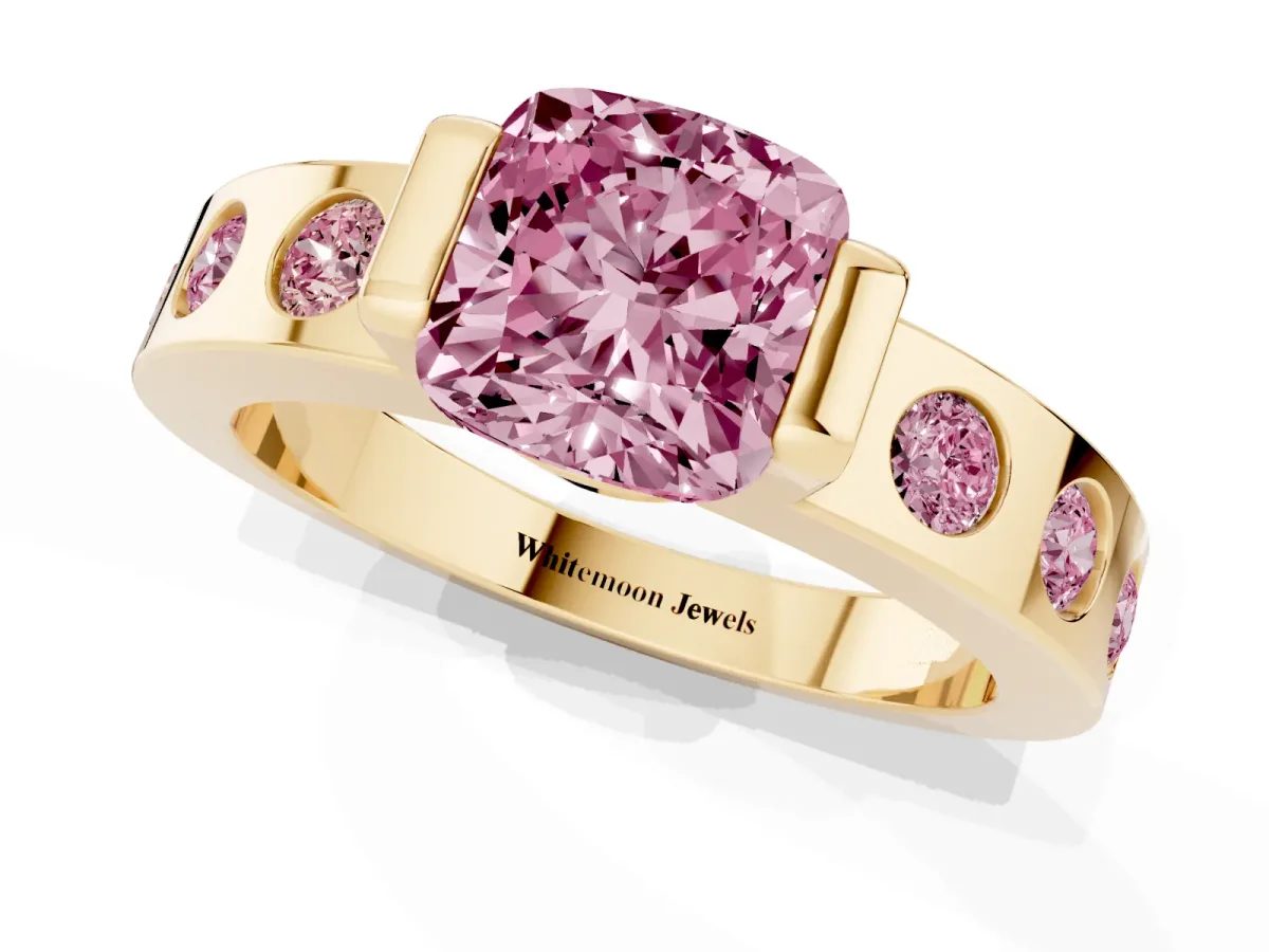 Fancy Pink Cushion Cut Brilliant Channel-Set Diamond Ring with Bezel Prong Setting Yellow gold