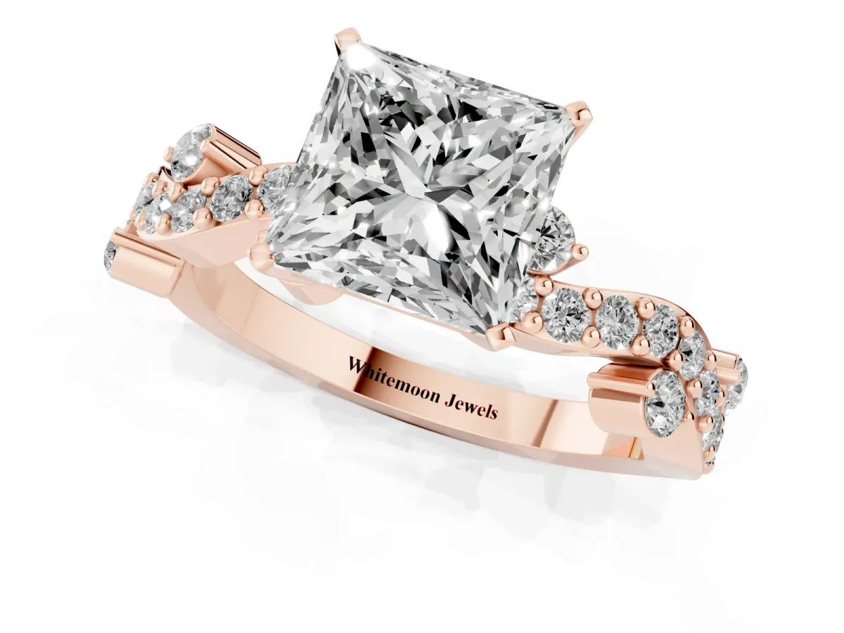 Princess Cut Cut Solitaire Diamond Twisted Band with Pave Setting Rose gold