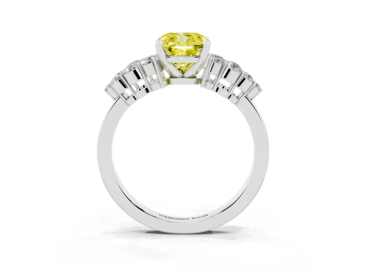 Fancy Yellow Cushion Cut Cluster Diamond Engagement Ring with Pavé Band and Four-Prong Setting Silver