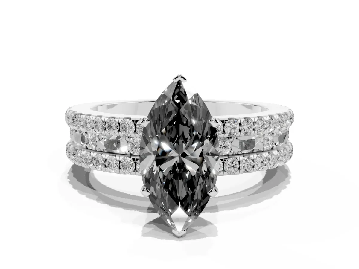 Fancy Black Marquise Cut Diamond Solitaire Ring with Pavé and Channel Set Band Silver
