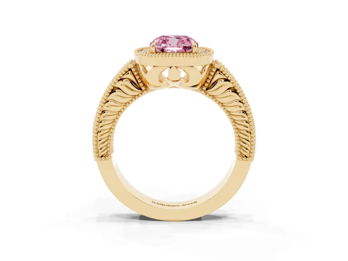 Fancy Pink Cushion Cut Cut Halo Diamond Ring with Pavé Band and Four-Prong Setting Yellow gold
