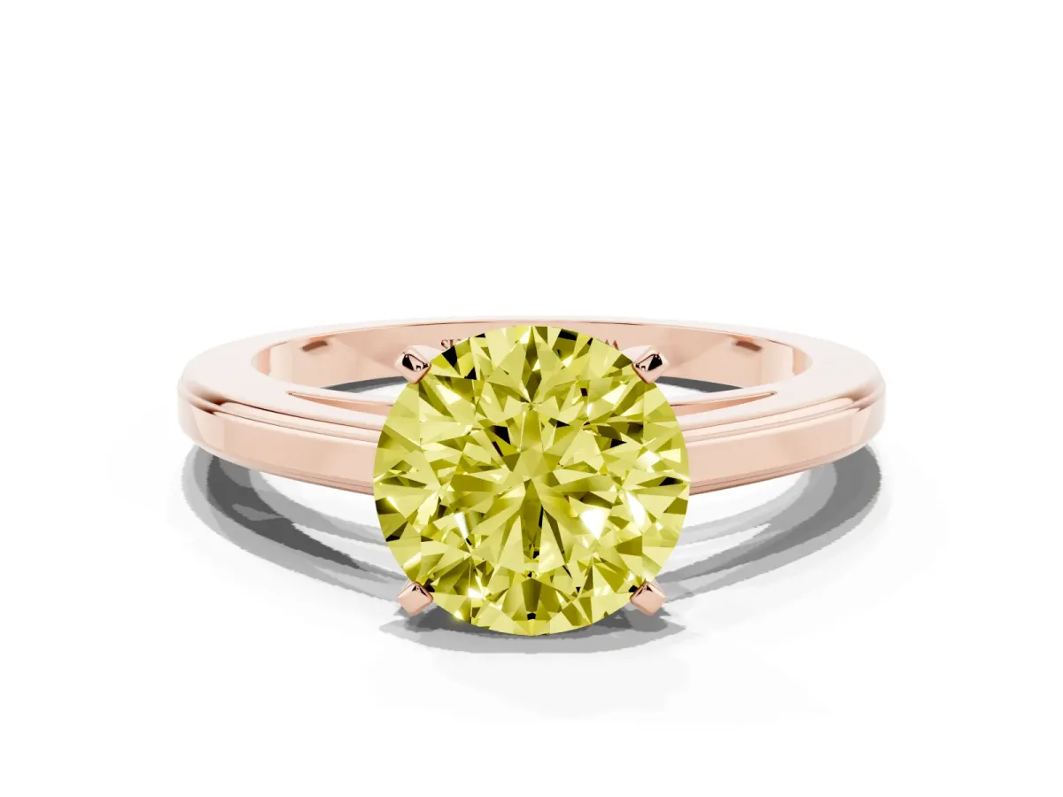 Fancy Yellow Round Cut Solitaire Diamond Ring with Four-Prong Setting and Classic Band Rose gold