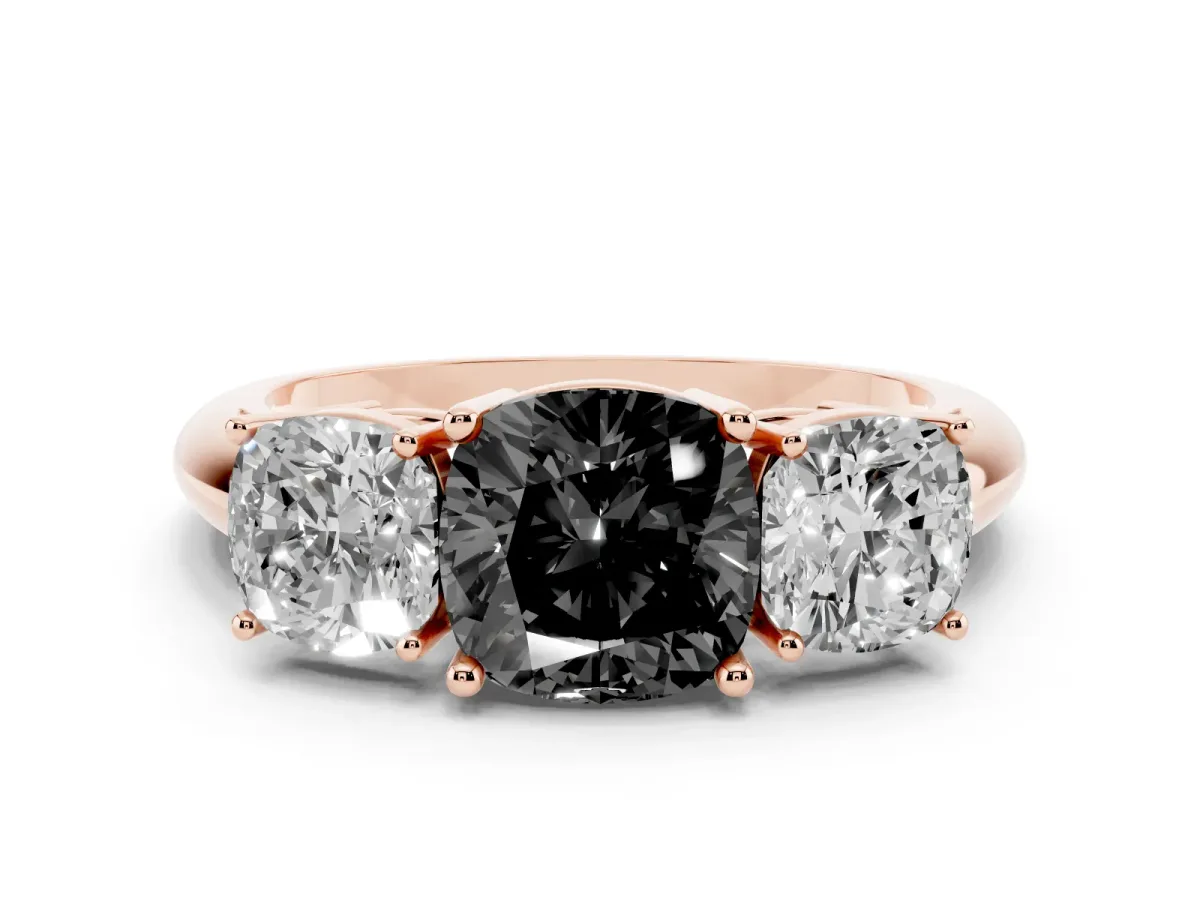 Fancy Black Three-Stone Cushion Cut Cut Diamond Engagement Ring with Prong Setting on a White Gold Band Rose gold
