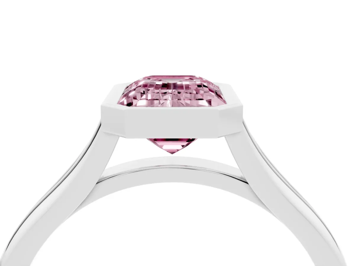 Fancy Pink Bezel Set Emerald Cut Cut Solitaire Ring with Tapered Band Silver