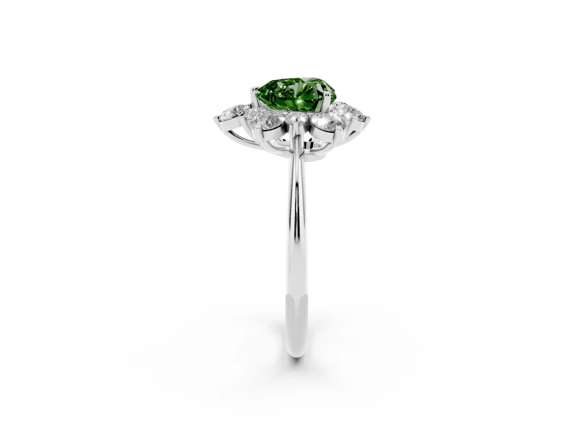 Fancy Green Heart Cut Diamond Cluster Halo Ring with Solitaire Band and Four-Prong Setting Platinum