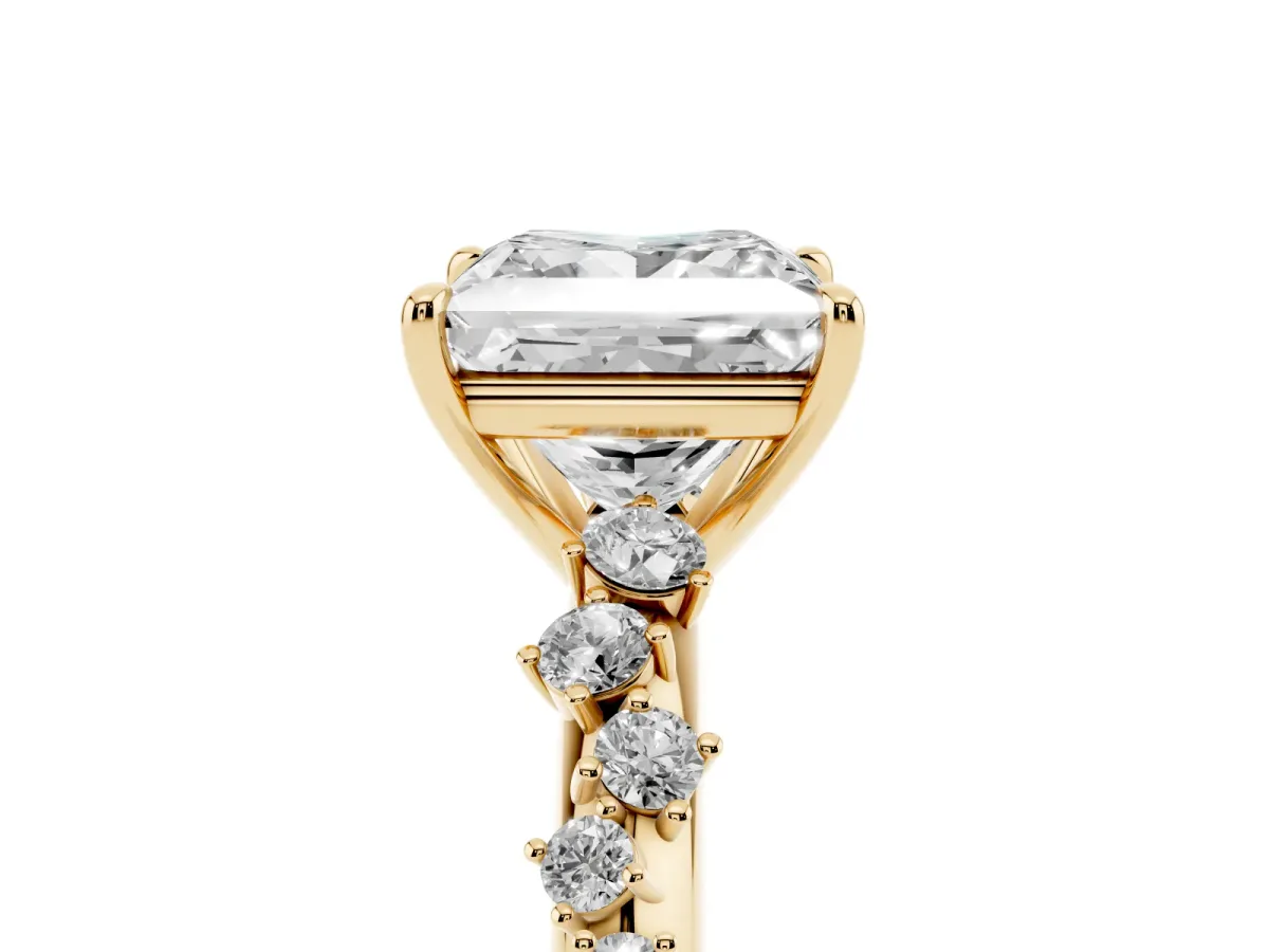 Princess Cut Diamond Cluster Side Stone Solitaire Ring with Prong Setting Yellow gold