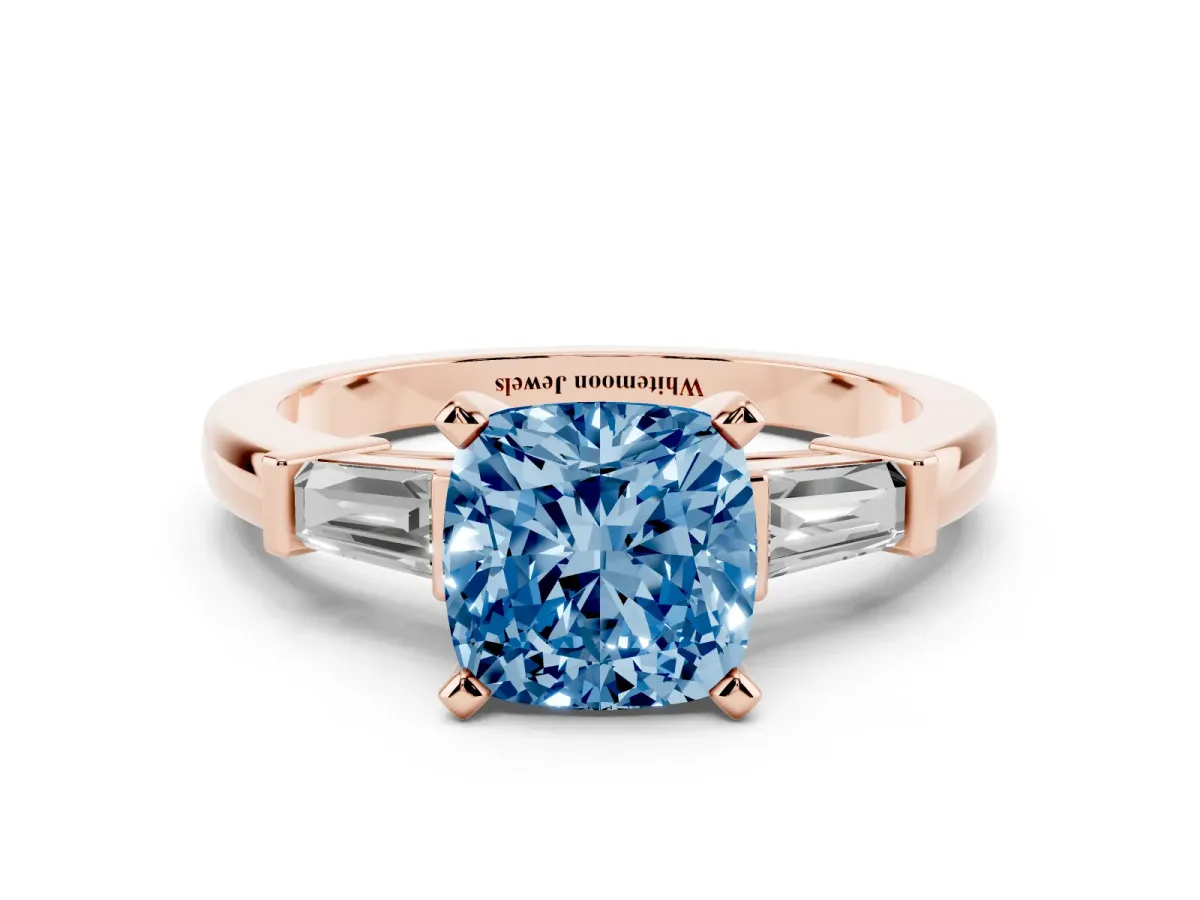 Fancy Blue Cushion Cut Cut Diamond Solitaire Ring with Tapered Baguette Accents and Four-Prong Setting Rose gold