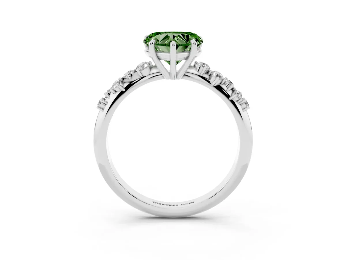 Fancy Green Heart Cut Diamond Cluster Side Stone Solitaire Ring with Prong Setting Platinum