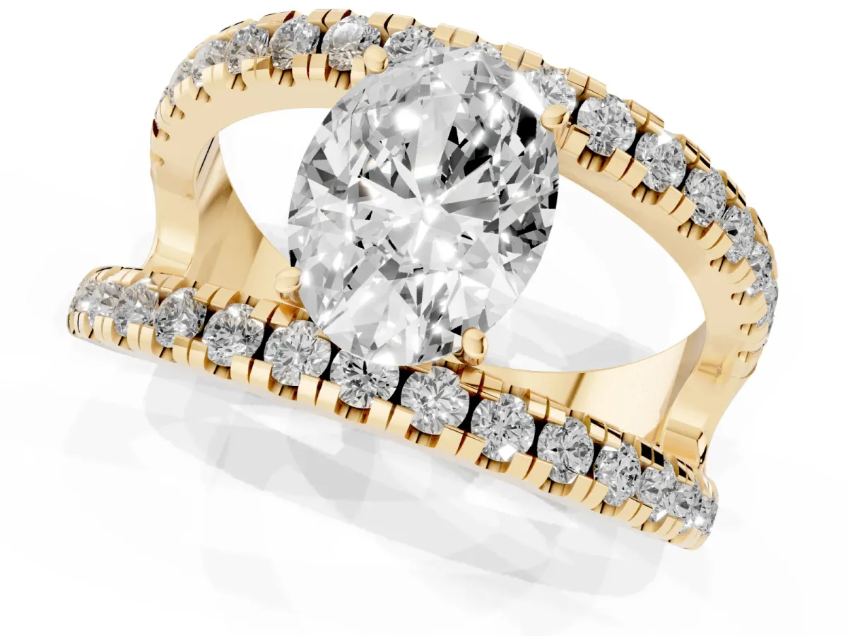 Oval Cut Solitaire Split Shank Pave Diamond Ring Yellow gold