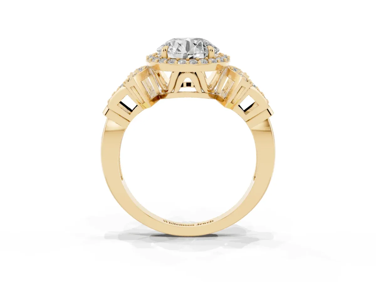 Round Cut Halo Diamond Split Shank Engagement Ring with Four-Prong Setting Yellow gold