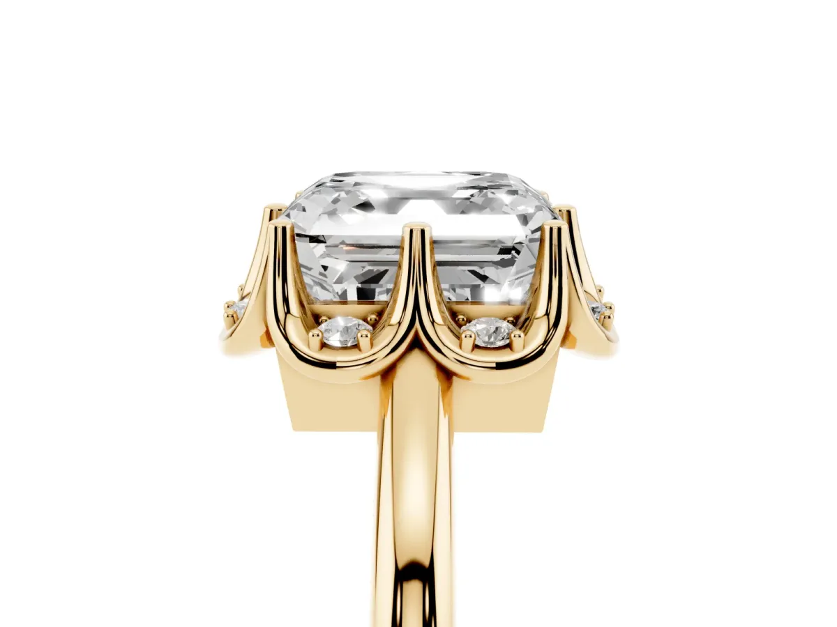 Asscher Cut Halo Diamond Ring with Round Cluster Setting, Solitaire Band, and Four-Prong Setting Yellow gold