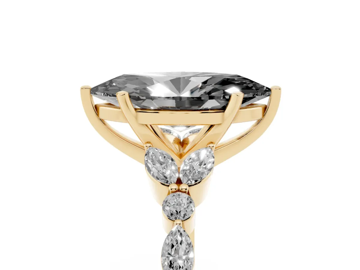 Fancy Black Marquise Cut Diamond Solitaire Ring with Side Stones and Four-Prong Setting Yellow gold