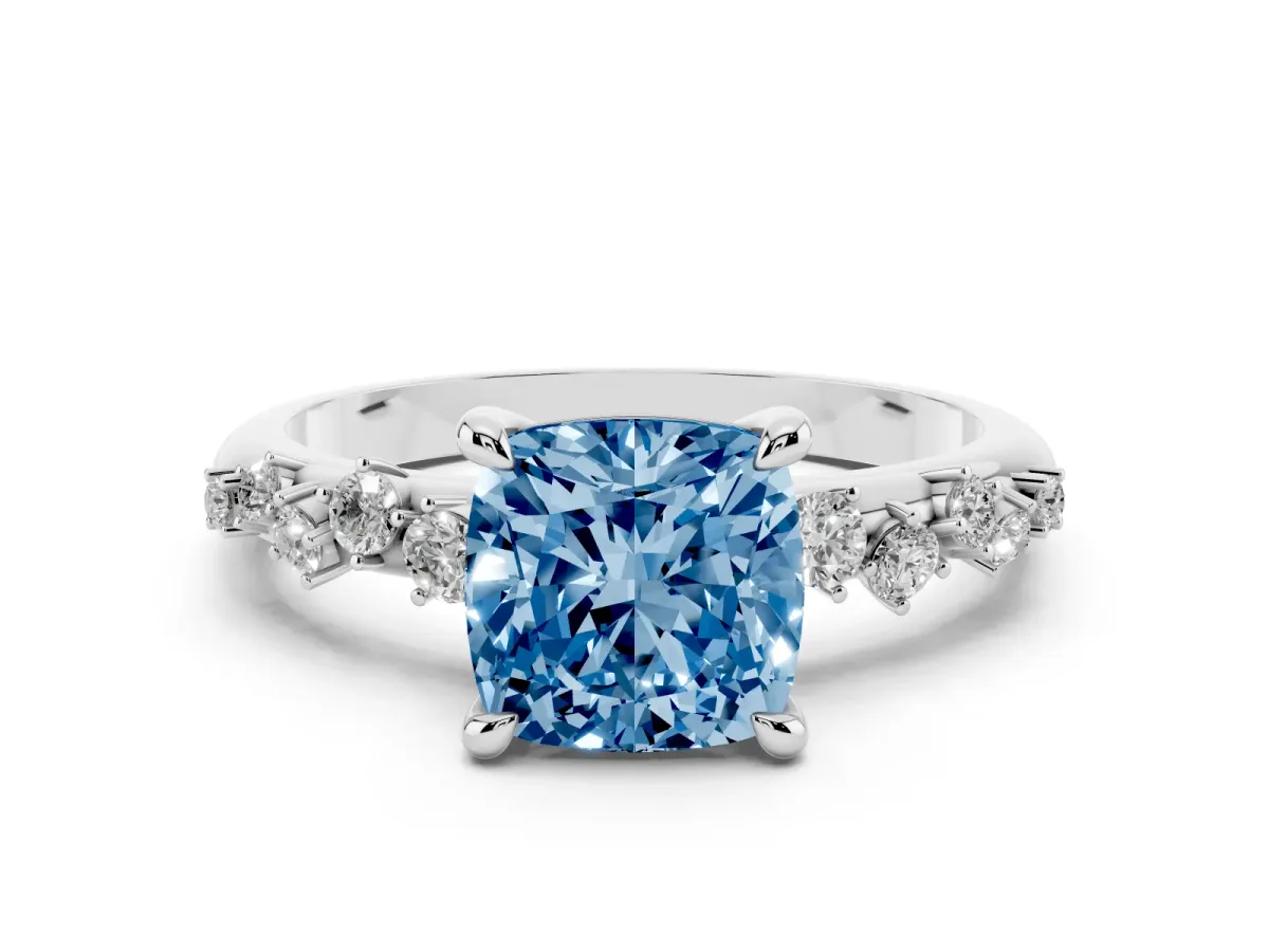 Fancy Blue Cushion Cut Cut Diamond Vine Band with Four-Prong Setting Platinum