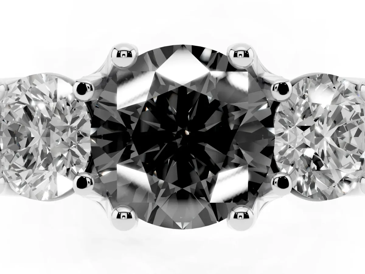 Fancy Black Round Cut Diamond Three-Stone Ring with Channel Set Band and Four-Prong Setting Silver