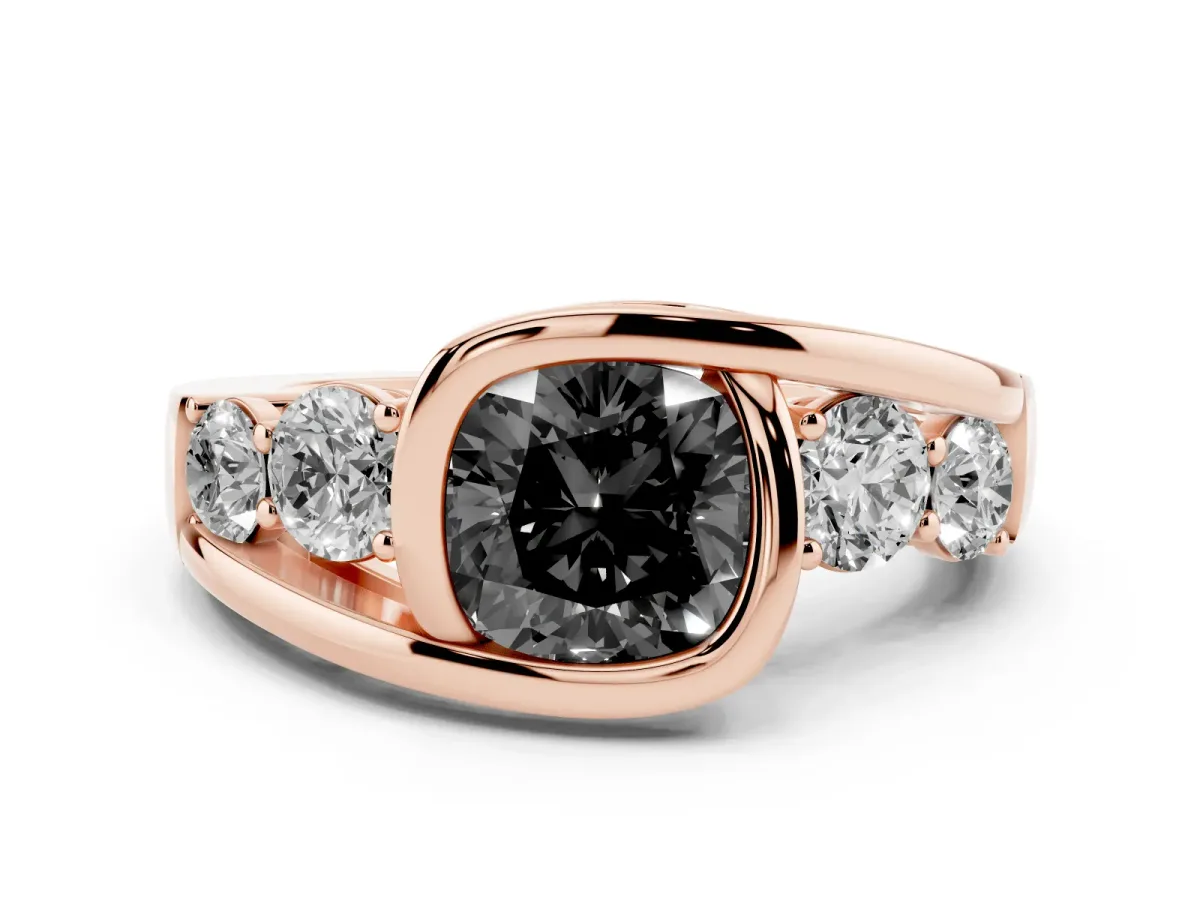 Fancy Black Bezel Set Cushion Cut Diamond Bypass Ring with Round Accents Rose gold