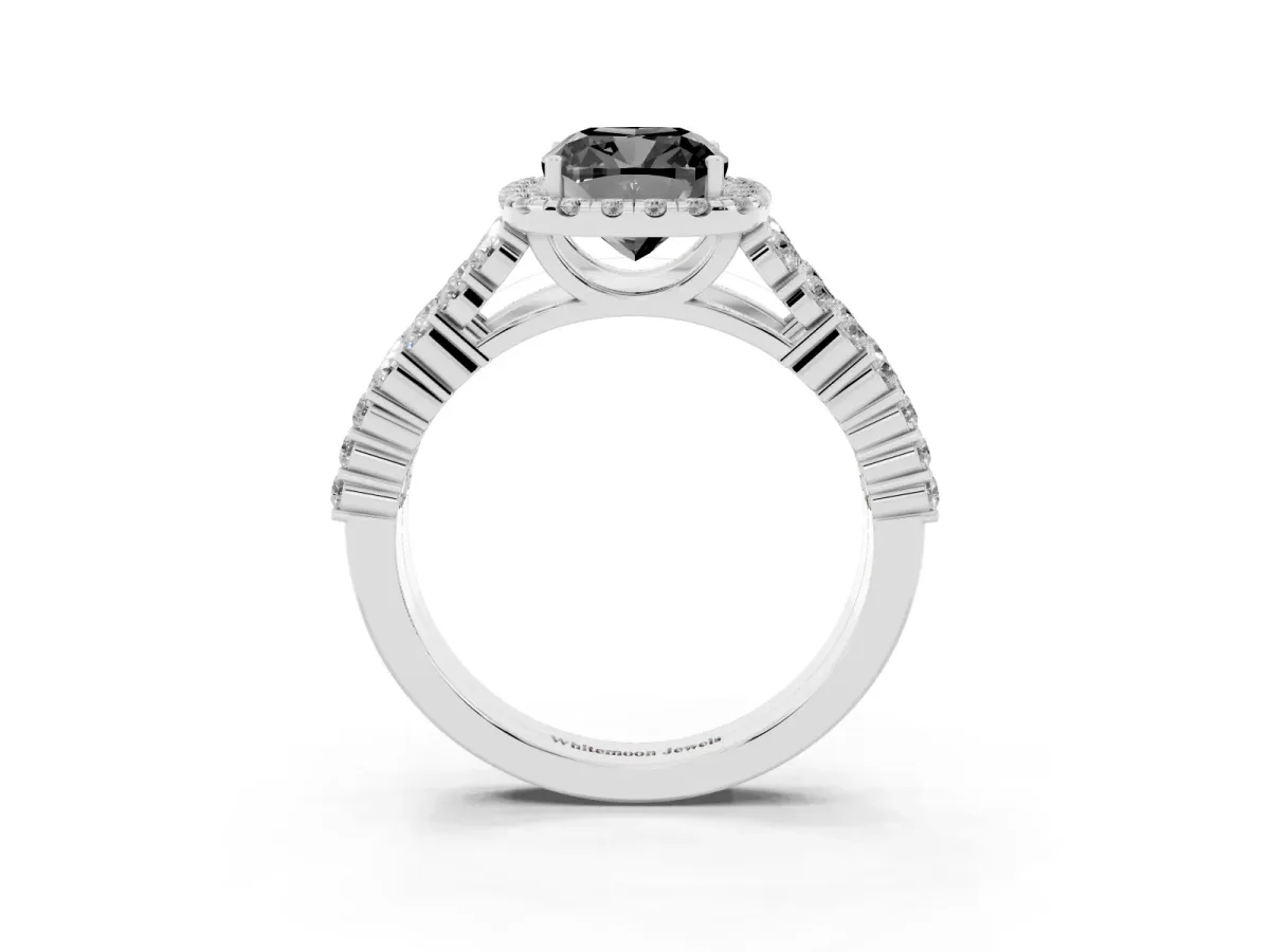 Fancy Black Cushion Cut Diamond Halo Engagement Ring with Triple Row Round Pavé Band and Prong Setting Silver