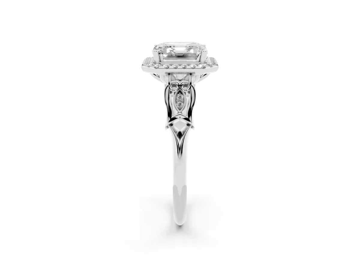 Asscher Cut Halo Diamond Engagement Ring with Filigree Band and Four-Prong Setting Platinum