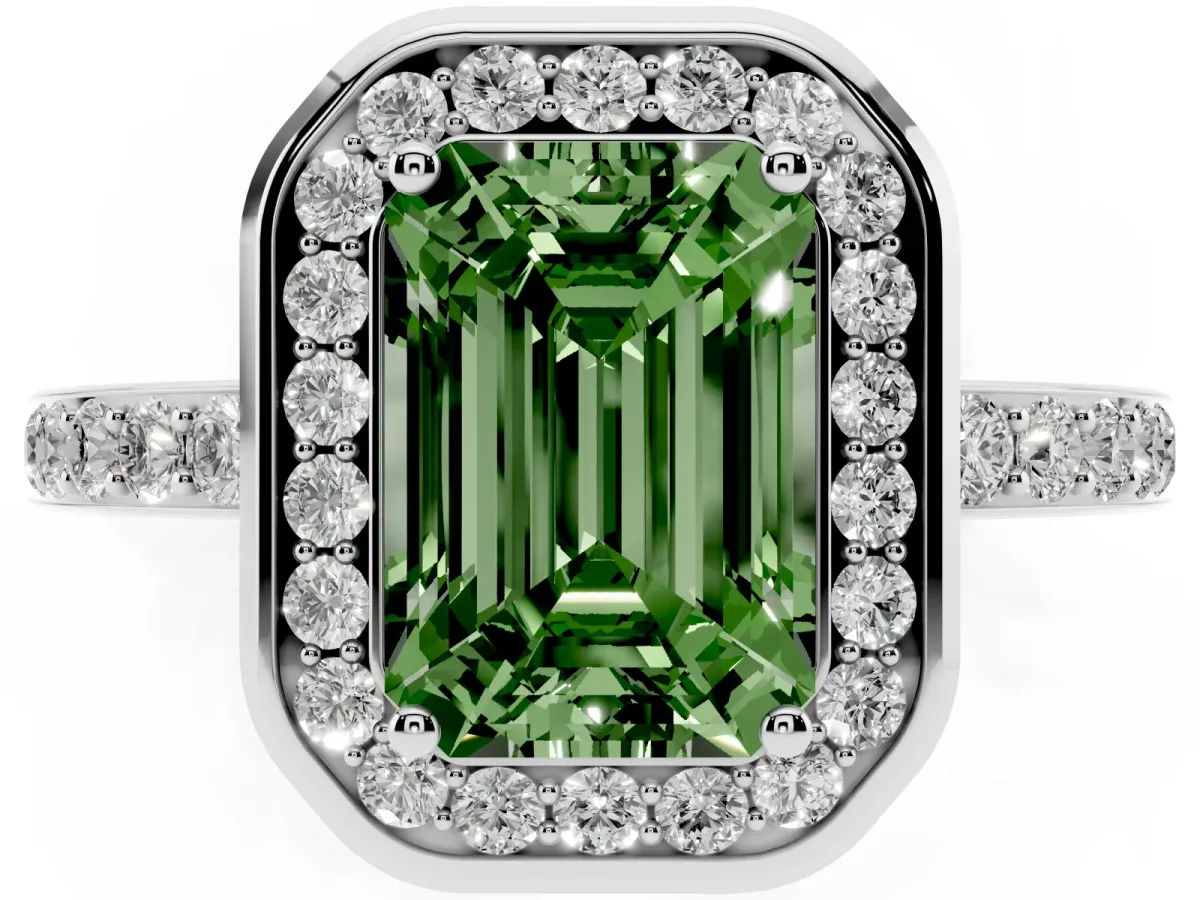 Fancy Green Emerald Cut Diamond Halo Ring with Bezel Frame and Pavé Band Silver