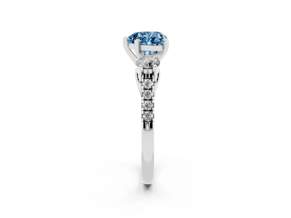 Fancy Blue Three-Stone Heart Cut Diamond Pavé Band with Four-Prong Setting Silver