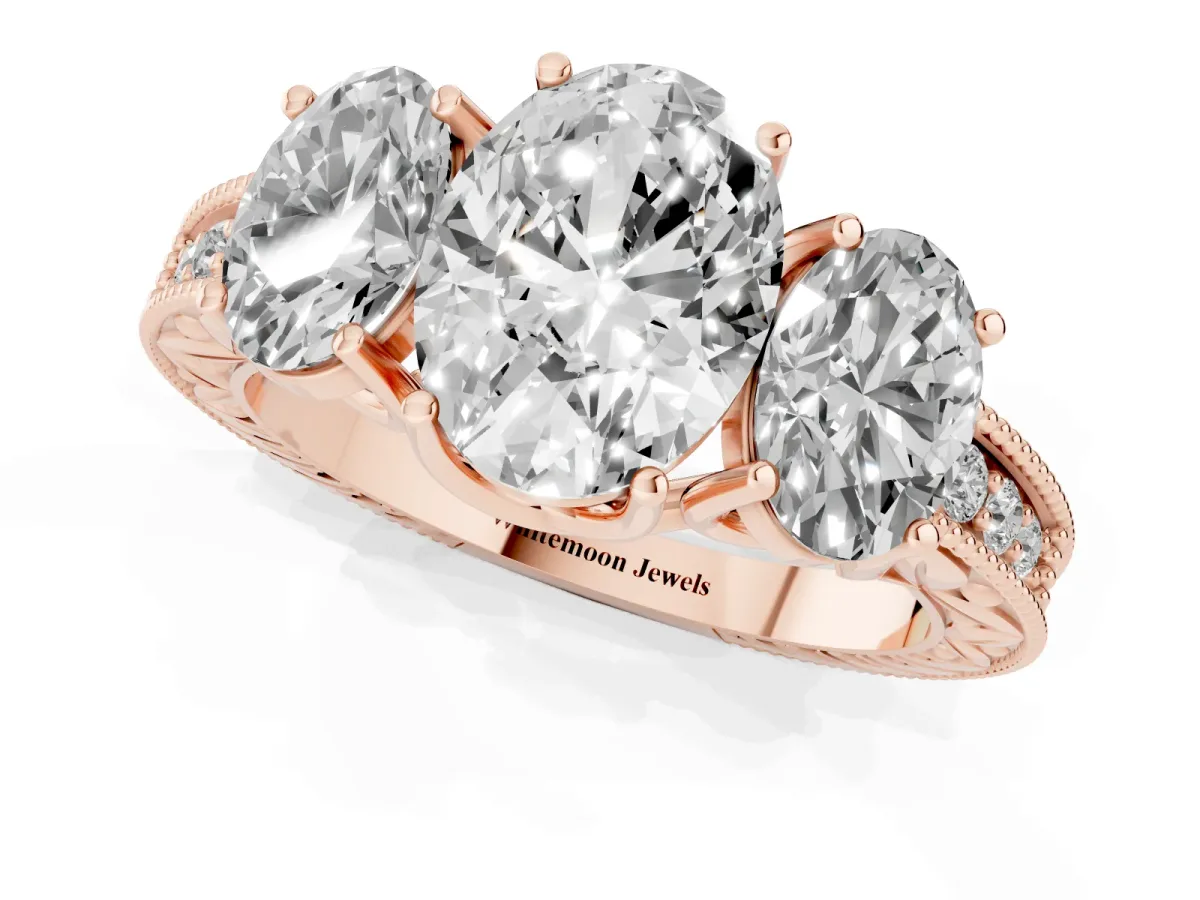 Three-Stone Oval Cut Cut Milgrain Pavé Engagement Ring Rose gold