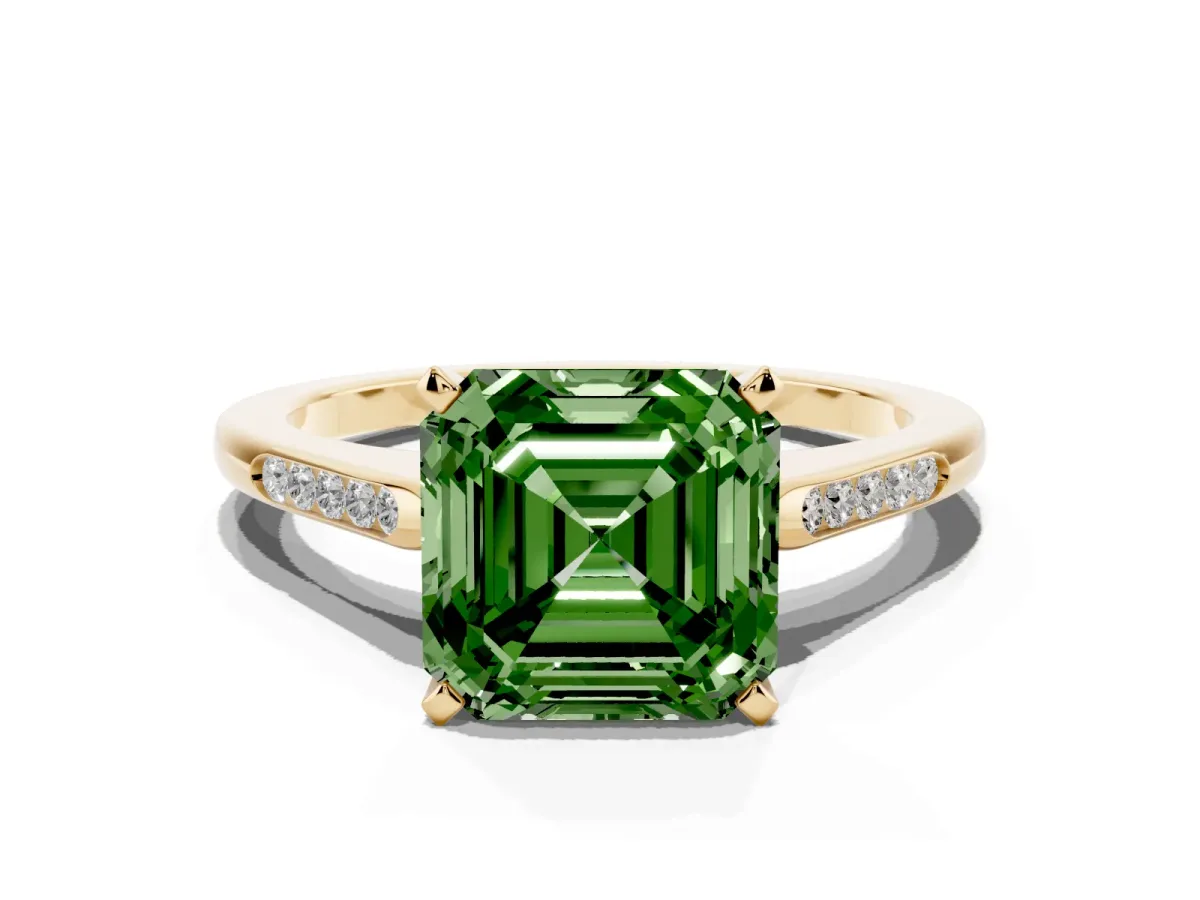 Fancy Green Asscher Cut Diamond Solitaire Ring with Channel Set Round Band and Prong Setting Yellow gold