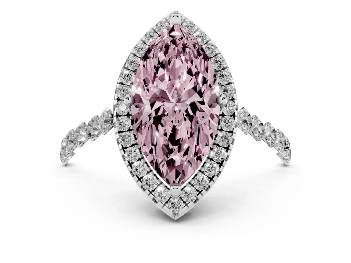 Fancy Pink Marquise Cut Halo Pavé Diamond Engagement Ring with Four-Prong Setting Platinum