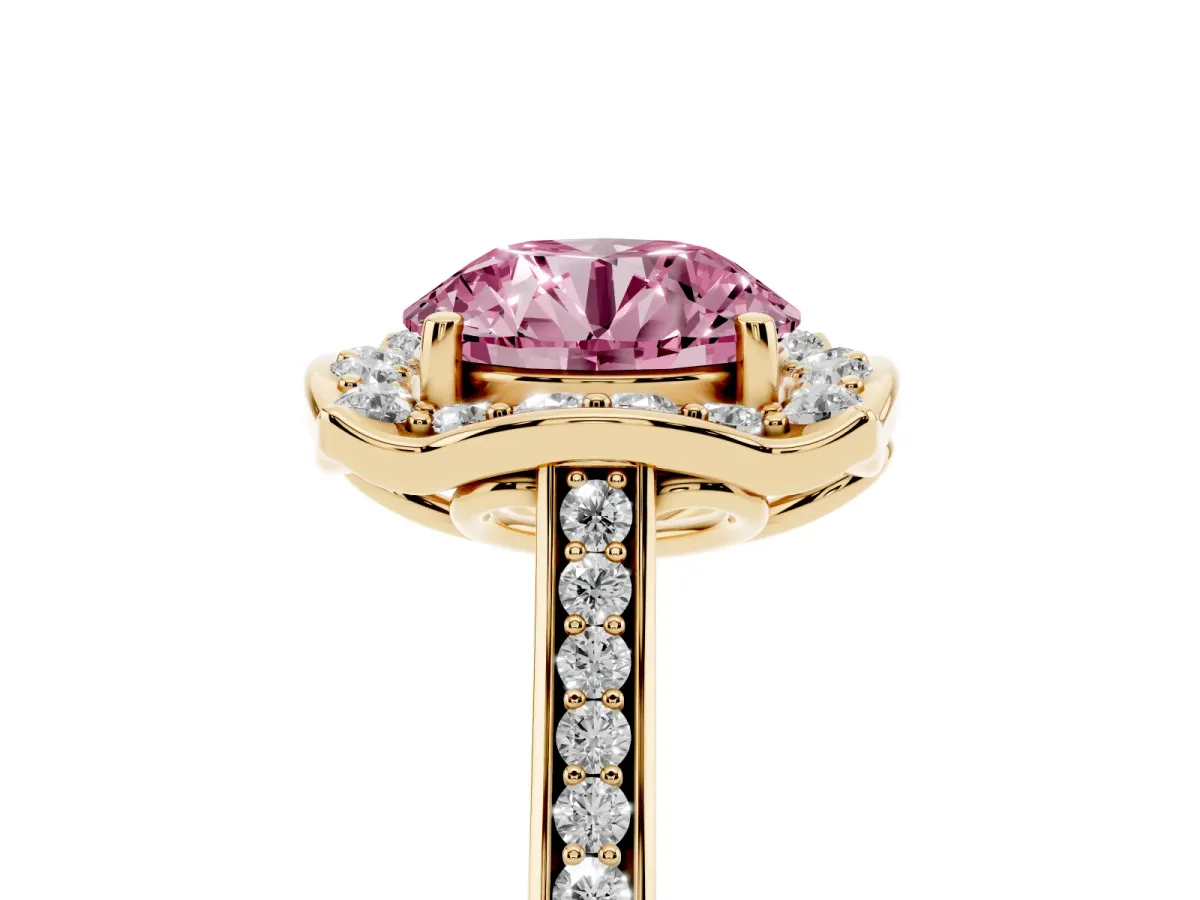 Fancy Pink Round Cut Halo Round Diamond Pave Band with Four-Prong Setting Yellow gold