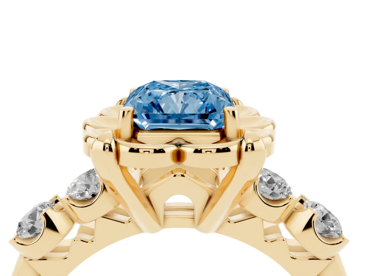 Fancy Blue Radiant Cut Cut Diamond Floral Halo Engagement Ring with Shared Prong Setting Yellow gold
