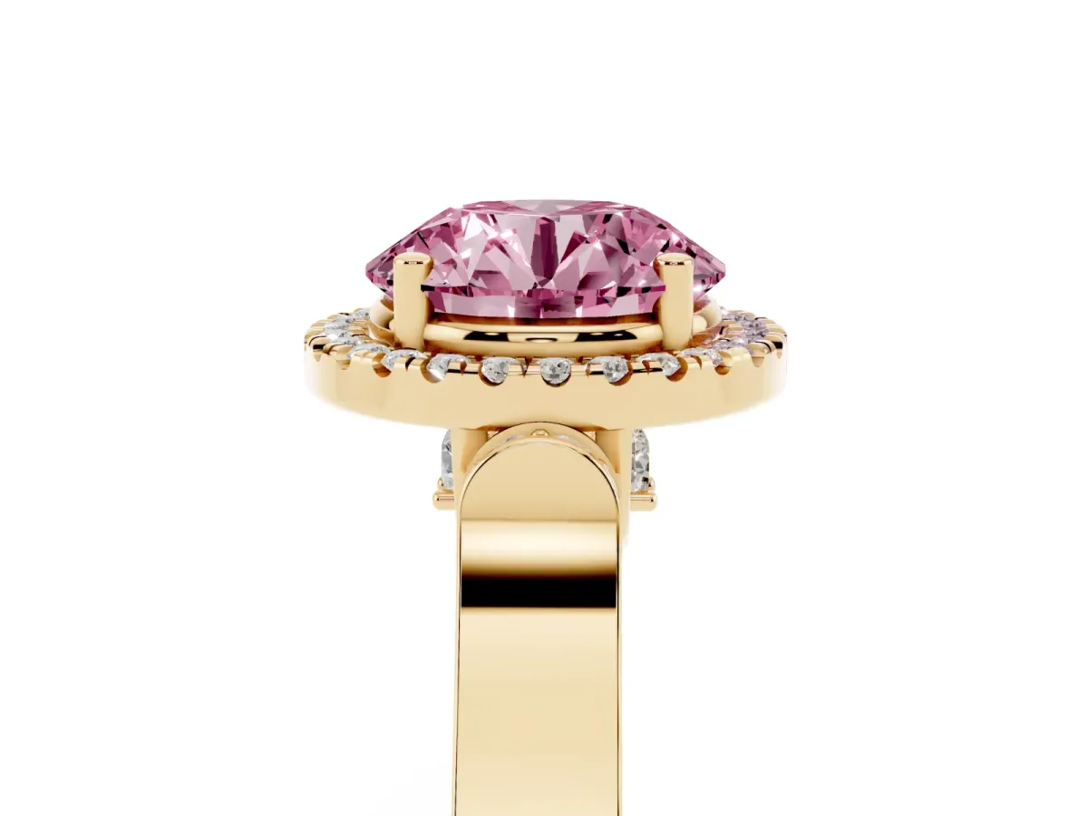 Fancy Pink Round Cut Halo Pave Split Shank Prong Setting Ring Yellow gold