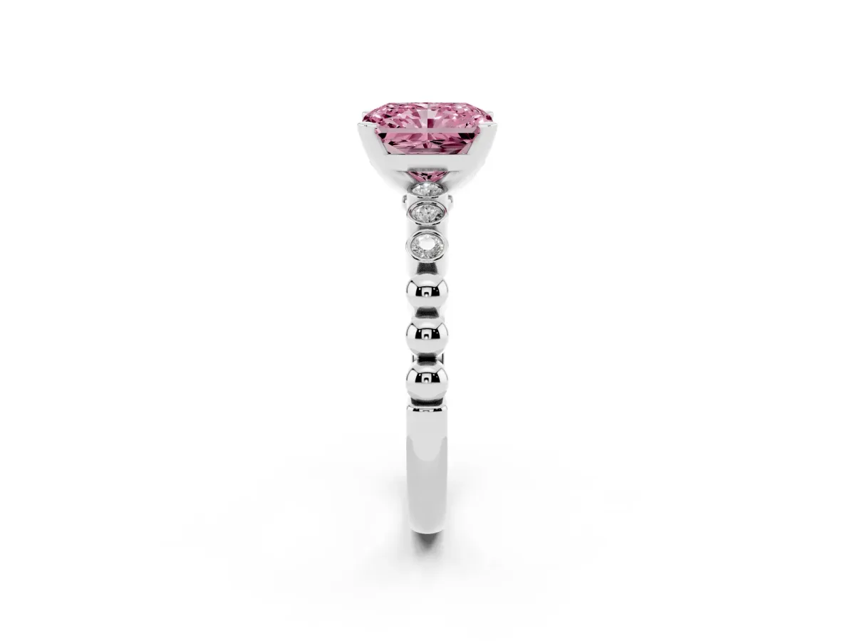 Fancy Pink Radiant Cut Solitaire Bezel Accent Diamond Engagement Ring with Beaded Band and Four-Prong Setting Silver