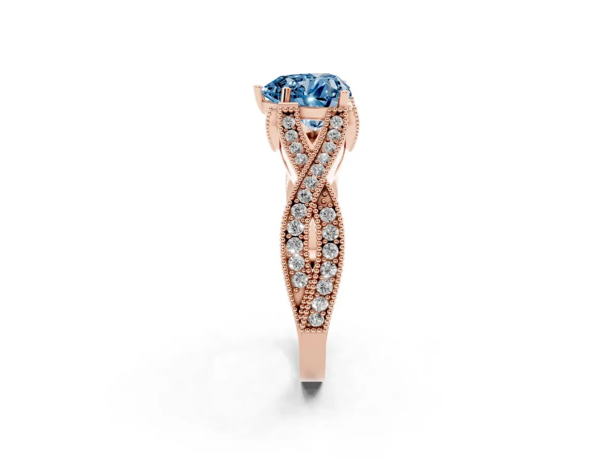 Fancy Blue Heart Cut Cut Diamond Twisted Band with Milgrain Pave Setting and Four-Prong Setting Rose gold