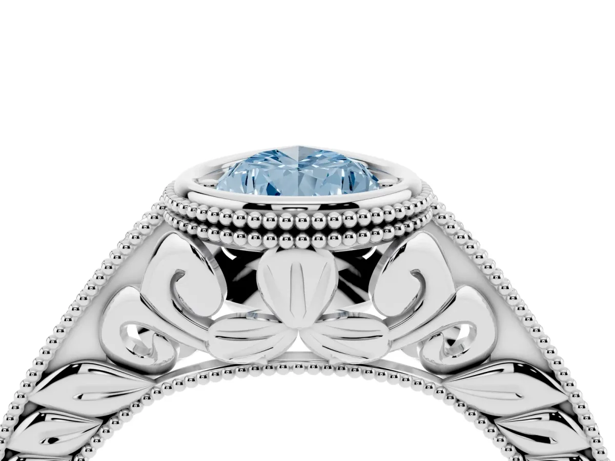 Fancy Blue Bezel Set Pear Cut Diamond Milgrain Pave Engagement Ring White gold