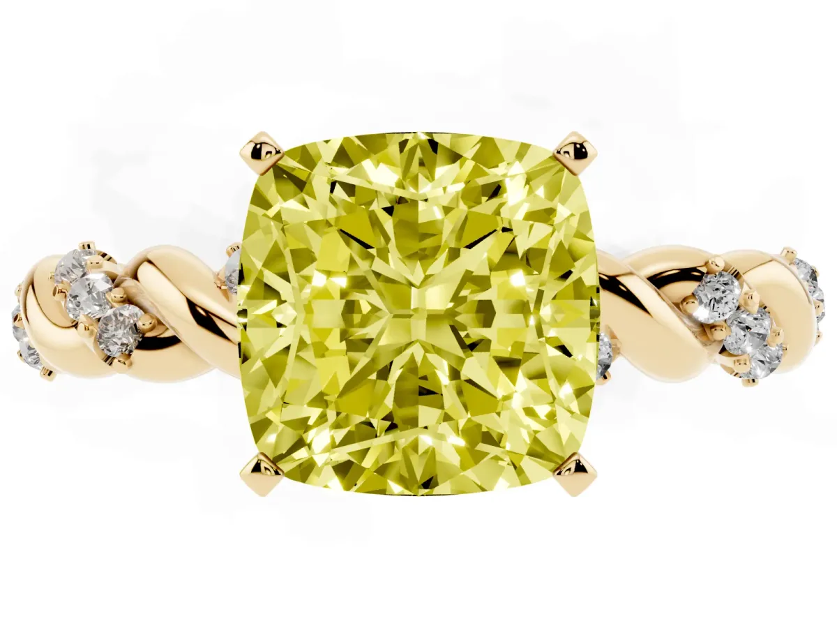 Fancy Yellow Cushion Cut Diamond Solitaire Ring with Twisted Band and Pavé Accents Yellow gold