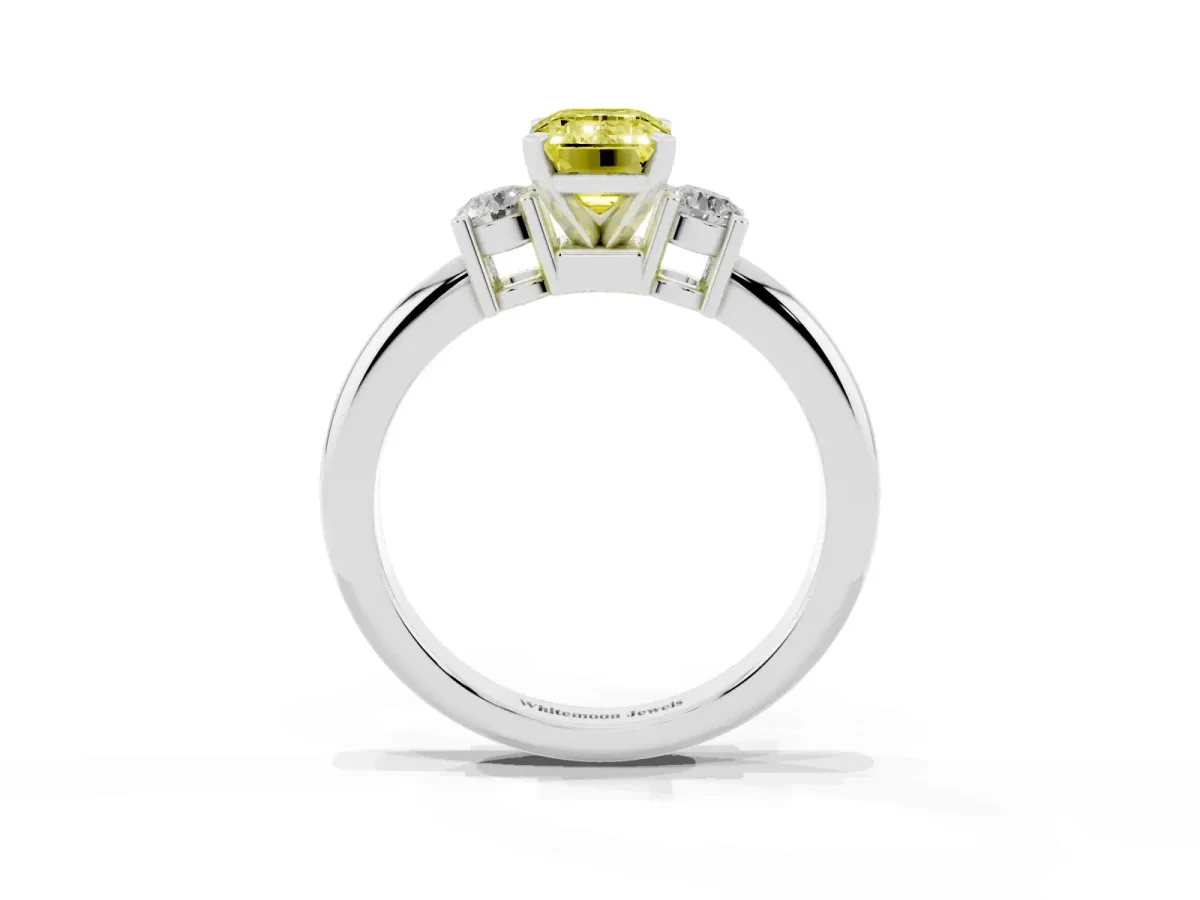Fancy Yellow Three-Stone Emerald Cut Cut Diamond Solitaire with Prong Setting and Classic Band Silver