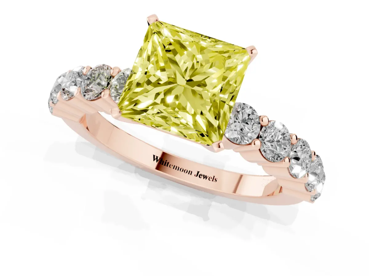 Fancy Yellow Princess Cut Diamond Solitaire Ring with Shared Prong Round Side Stones Rose gold